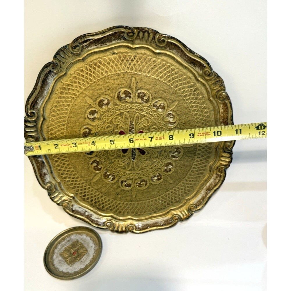 Vtg Italian Gold Florentine Wood Serving Tray Red Blue Toleware 11" Hand painted - Picture 10 of 15